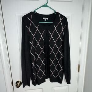 Croft & Barrow XXL Argyle Cardigan Sweater 100% Acrylic Gray Pink White Knit